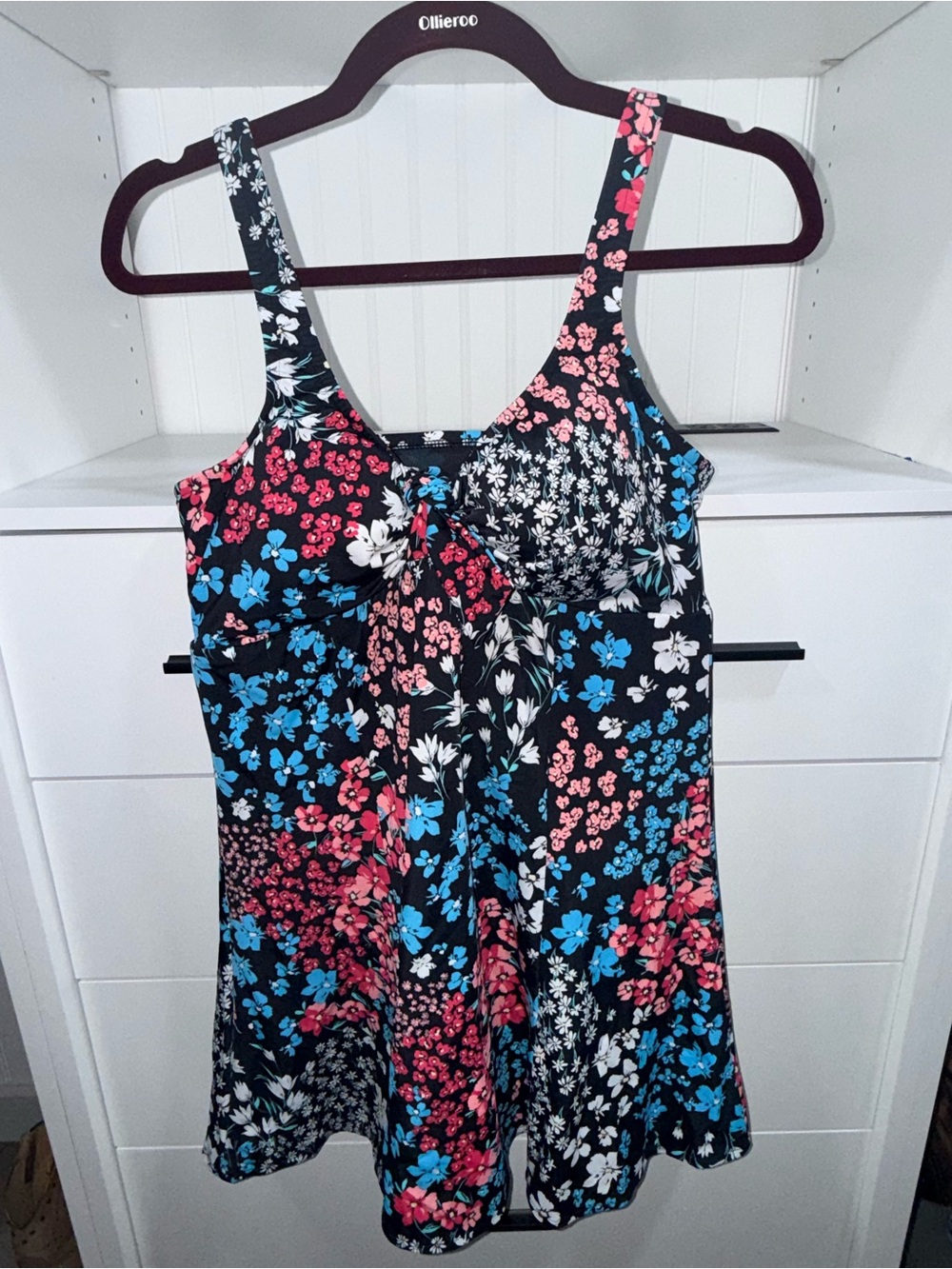 Swim Solutions Black Floral One-Piece Swimsuit with Pink & Blue Flowers - Picture 1 of 4